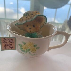Cherished Teddies Bear in Floral Teacup - Cream and Green